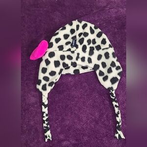 Lands’ End, Ear Flaps Brushed Fleece, Black/White Chita Hat with Pink Bow, Med